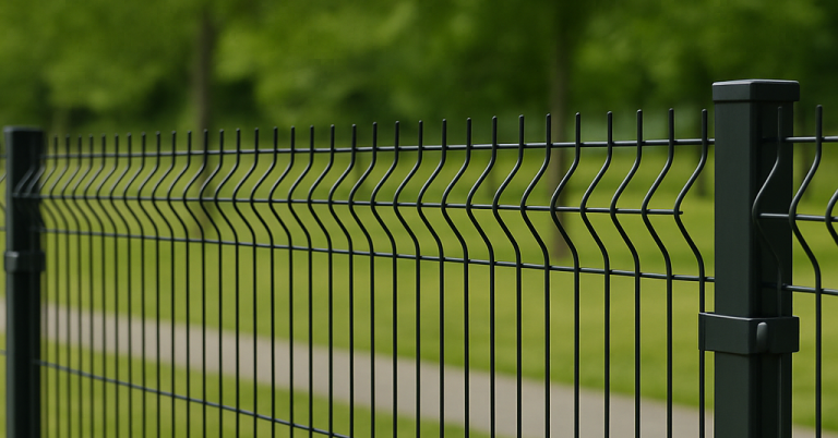 รั้วไวร์เมชรุ่น Wave ติดตั้งบนสนามหญ้าหน้าอาคารอุตสาหกรรม แสดงความแข็งแรงและความสวยงามของแนวรั้ว